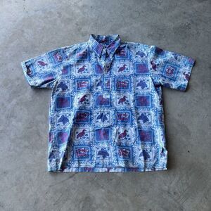 VTG 90s Reyn Spooner Hawaiian Polo Shirt Men XL Aloha Flag Floral Print gold